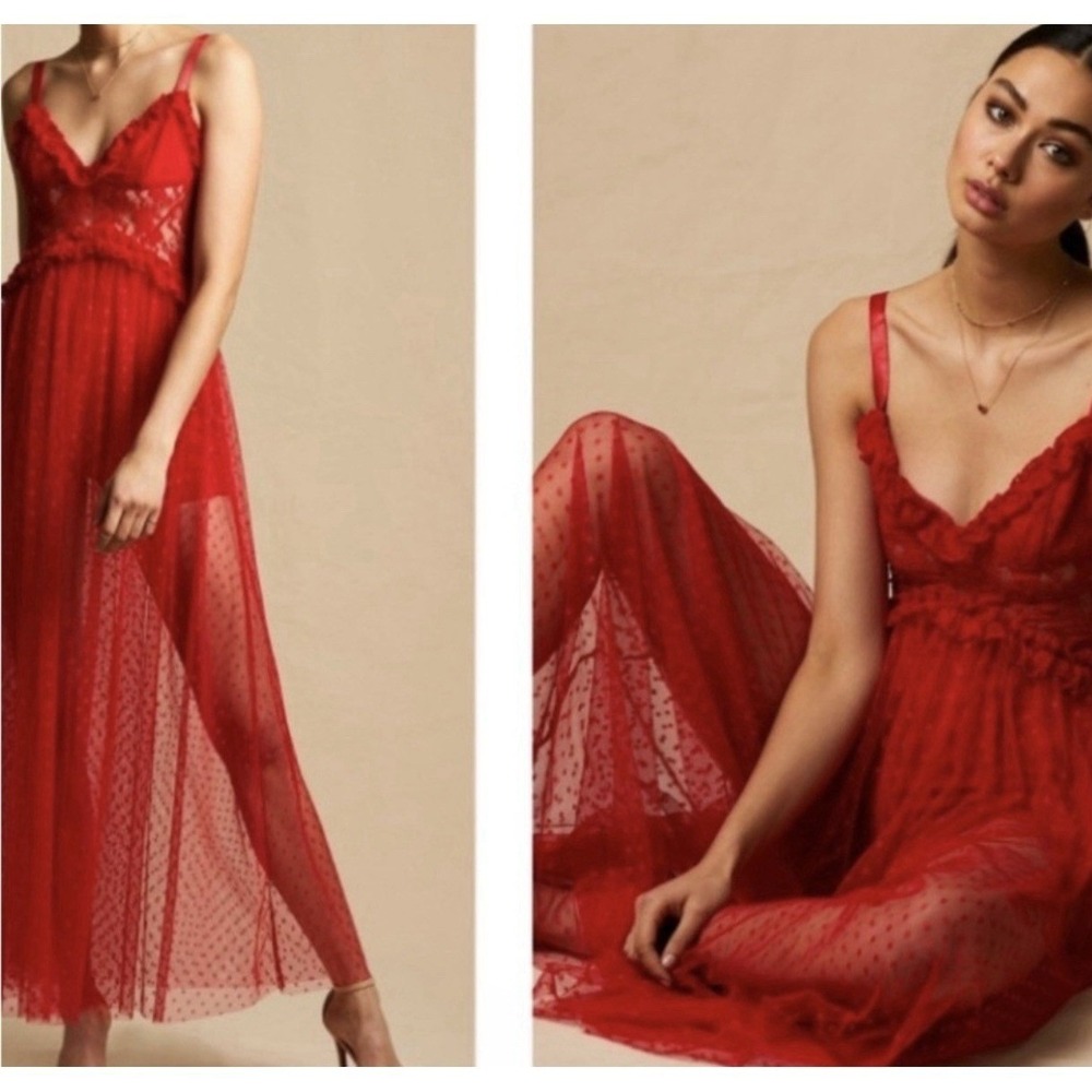 Choosy Red Lace Polka Dot Tulle Ruffle Maxi Dress Size 14 New With Tags